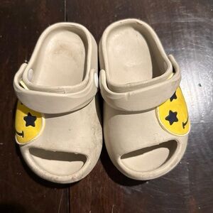 Kids Beige Slide Sandals with Yellow Smiley Accent